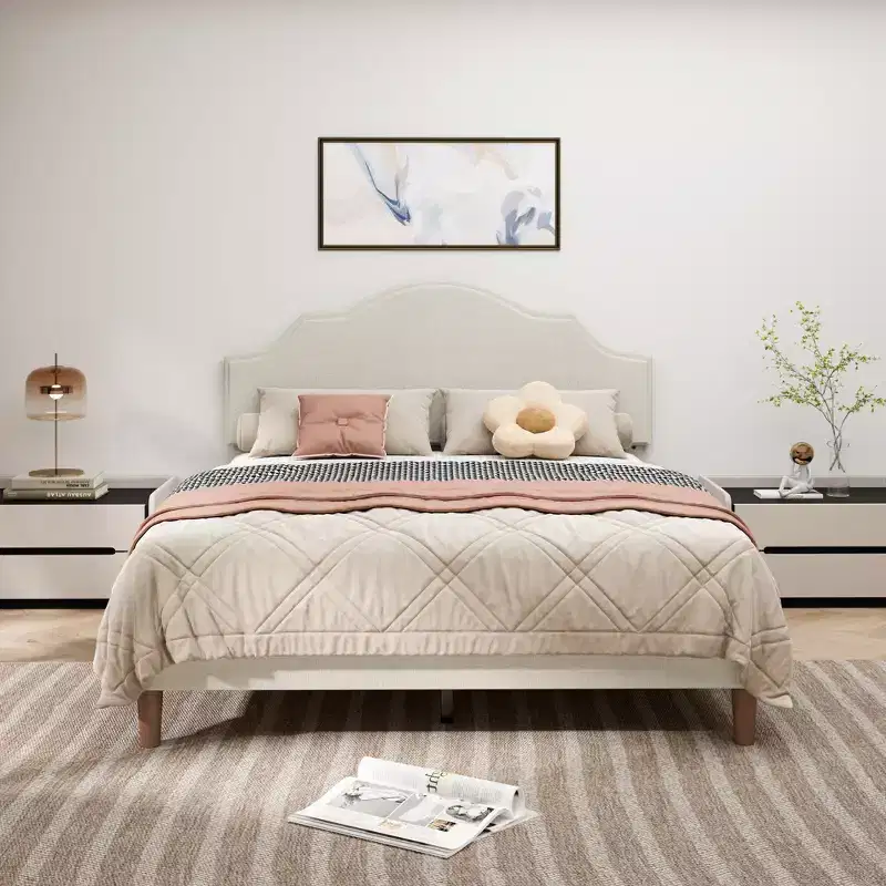 Queen/King Size Upholstered Platform Bed Frame with Adjustable Headboard, Linen Fabric Padded, No Box Spring Needed, Beige-ModernLuxe