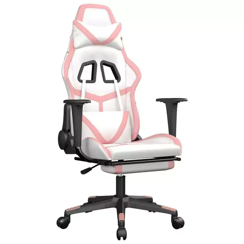 Gaming Chair with Footrest, White and Pink, Faux Leather