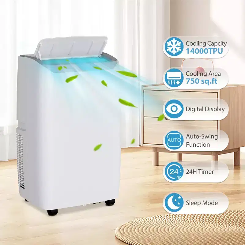 14,000 BTU Portable Air Conditioner with Built-In Dehumidifier - Portable AC Unit for Rooms Up to 750 Sq Ft, Remote Control, Window Mount Exhaust Kit