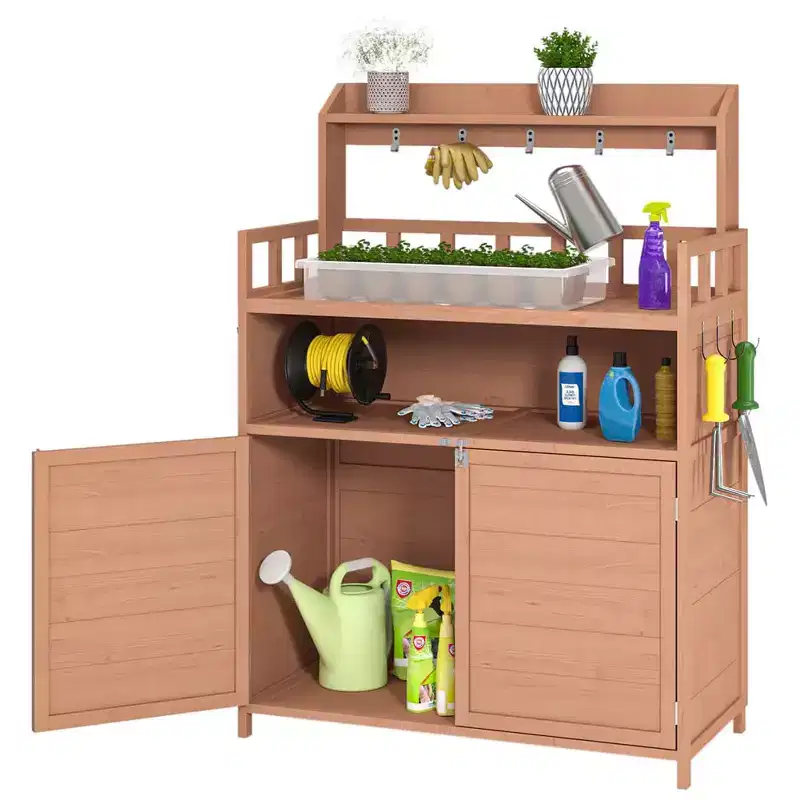 Outdoor Potting Bench Table, Garden Work Bench with 5 Hangers, Bottom Large Storage Cabinet, Top Shelves, Wooden Workstation Potting Table Brown