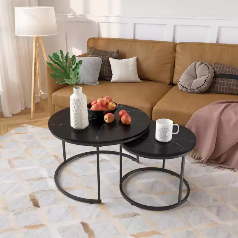Nesting Coffee Table Set of 2, 27.6inch Round Coffee Table Wood Marble Pattern Top with Sturdy Metal Frame, End Table Side Tables