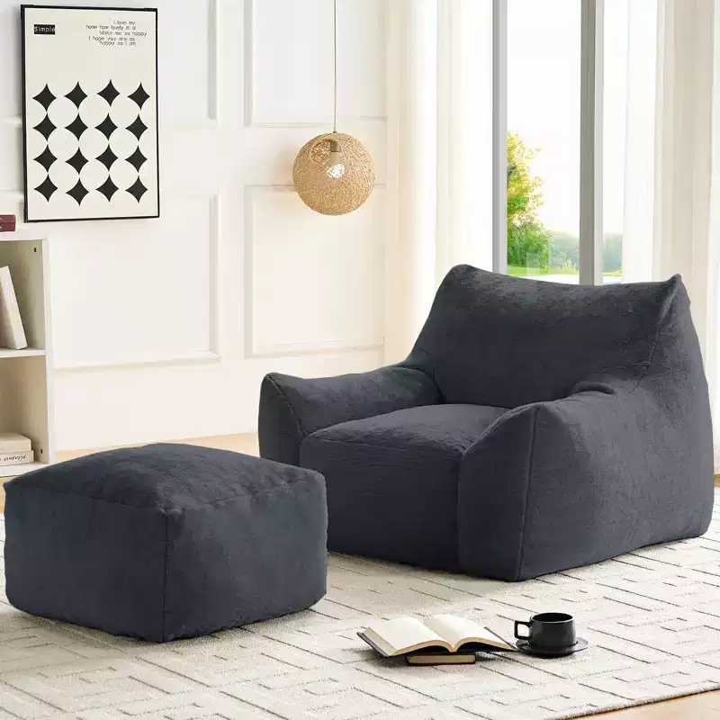 Modern Bean Bag Chair, Faux Rabbit Fur Fabric Big Beanbag Chair with Ottoman