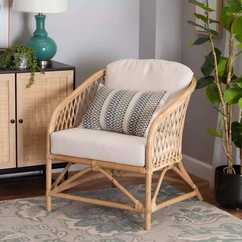 Modern Bohemian White Fabric and Natural Brown Rattan Armchair