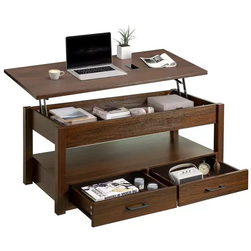 Gray / Yellow Lift-Top Coffee Table with 2 Drawers & Hidden Storage