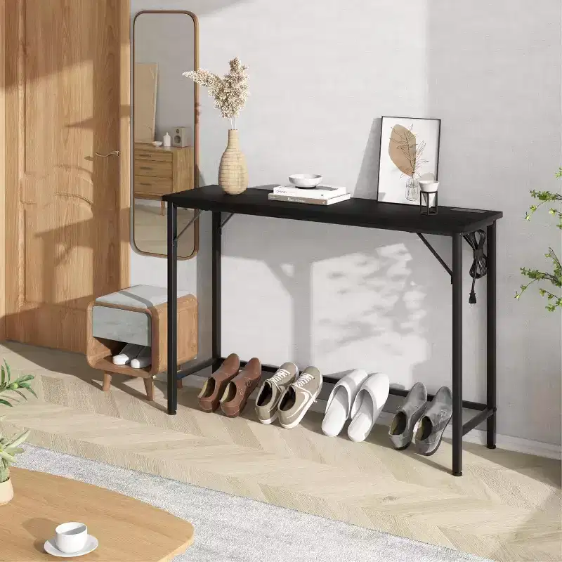 Metal Wood Console Table with Built-In USB Ports and Power Outlets