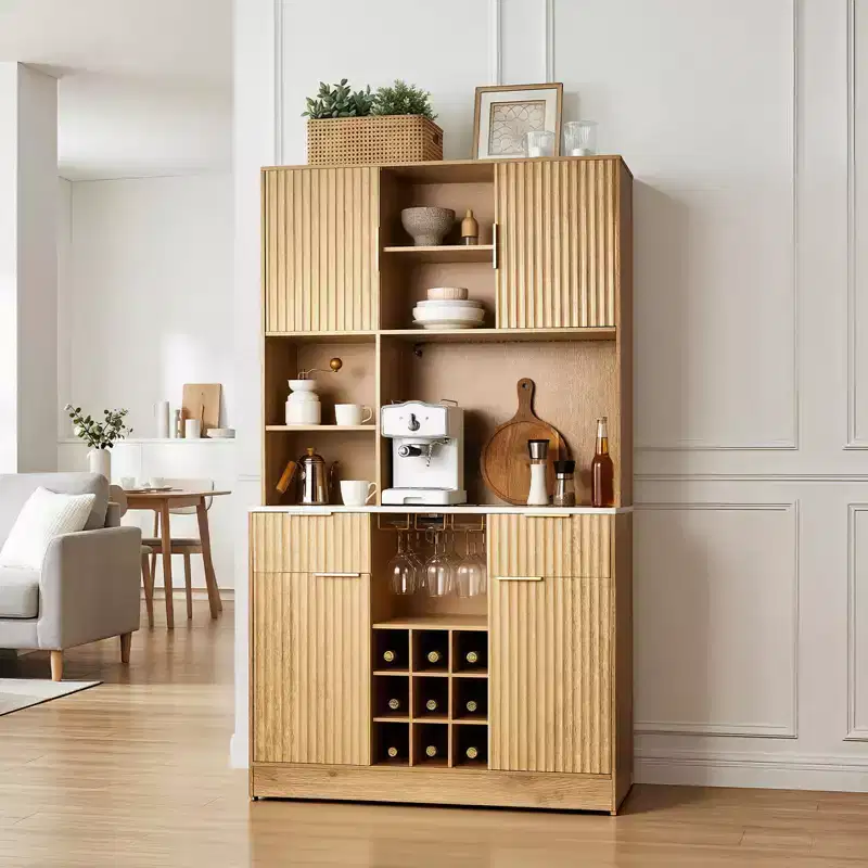 VEVOR Wine Cabinet, Coffee Bar Cabinet with 9 Wine Bottle Racks, Modern Buffet Sideboard with Glass Holder, LED Light, Charging Station, Natural