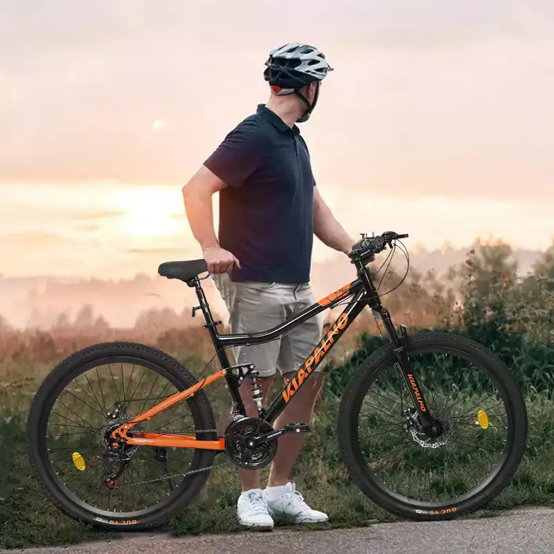 NAYSAYE Bicycle 26 Inch Steel Frame Mountain Bike 21 Speed with Shock Fork and Disc Brakes for Unisex, Black and Orange, 55.91*7.88*28.74