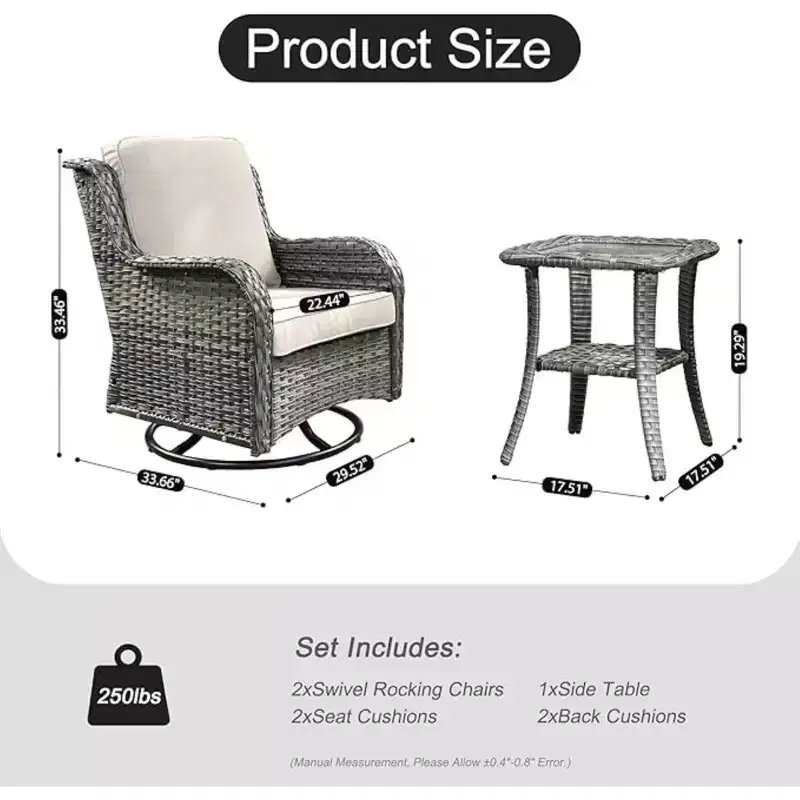 HOMLUX 3 PCS Outdoor 360Swivel Rocker Chairs Set Patio Bistro Seating Set with Side Table & Cushion