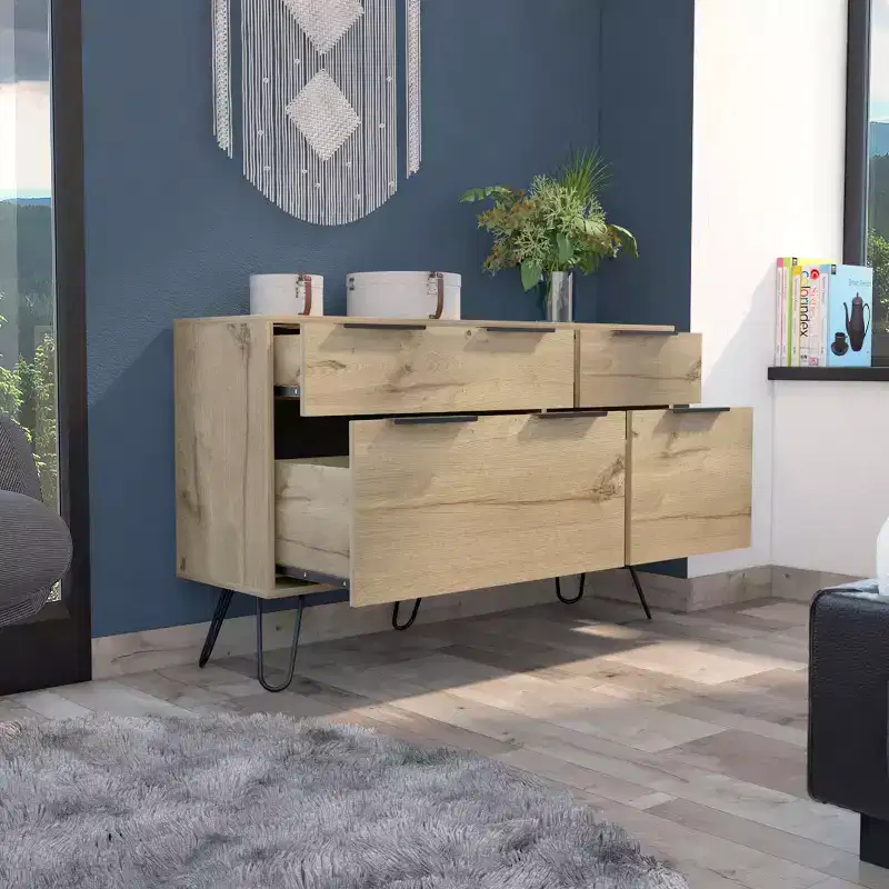 3/4-Drawer Compact Dresser with Steel Legs – Light Oak, Bedroom & Living Room Storage