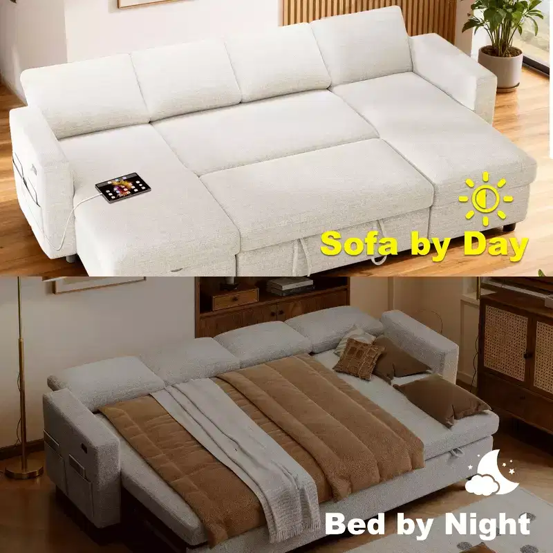 Dyonery 105 Sectional Sleeper Sofa with Pull Out Bed,U-Shaped Couch Sleeper Sofa Bed with Reclining Backrest/USB,Tool-Free Assembly,Corduroy Gray