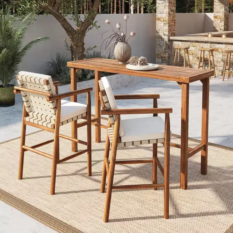 3-Piece Outdoor Counter Height Bar Dining Sets, Acacia Wood Patio Table & 2 Cushioned Stools for Backyard, Poolside, Balcony-Panipeachy