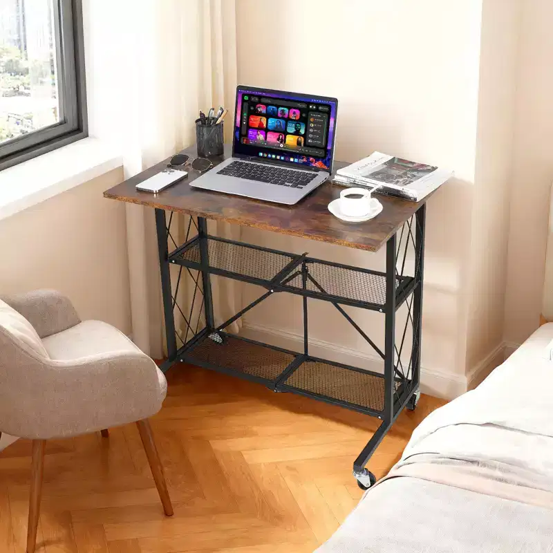 1.5 Inch 3Tier Foldable Desk with Wheels - Large Capacity Metal Wire Shelf Rack, No Assembly Organizer for Study Kitchen Living Room Balcony