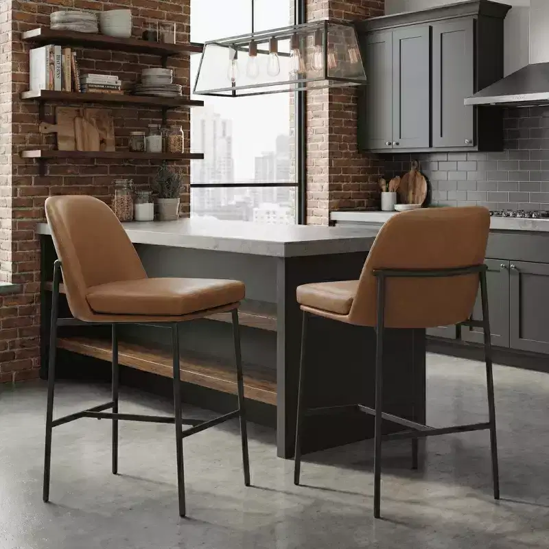 Ora Maison Bar Stools  Leather Counter Height Chairs with Backrest & Metal Legs for Bar, Set of 2, Brown