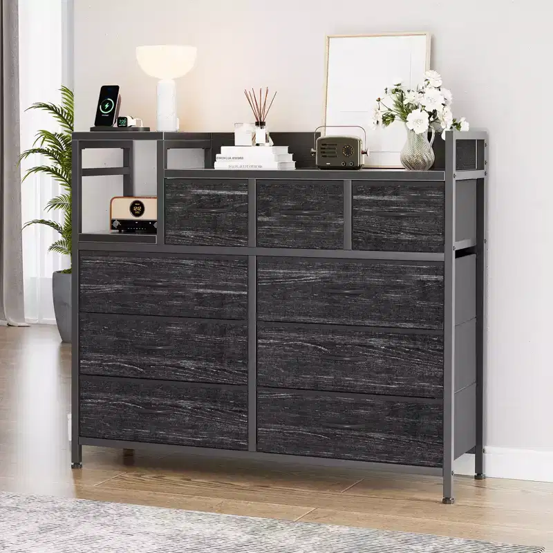 9 Drawers Dresser for Bedroom, Chest of Drawers with Fabric Bins, TV Stand Furniture, Clothing Storage Organizer for Living Room Hallway Bedroom