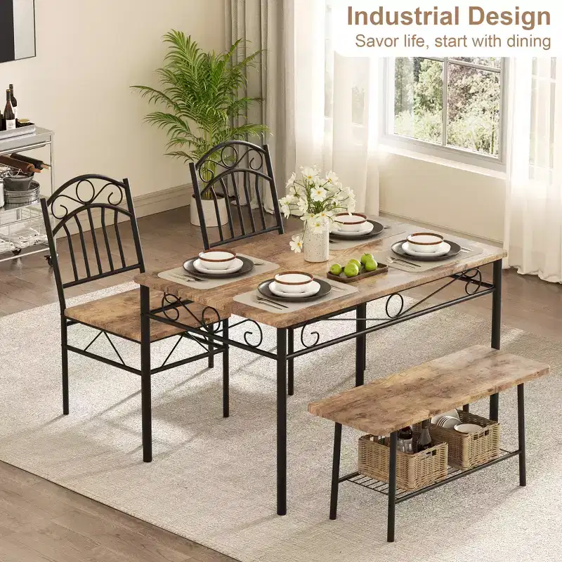 Dining Table Set for 4, 4-Piece Kitchen Table with 1 Bench and 2 Chairs, Kitchen Table Set with Metal Frame & Storage Rack, Dining Room Furniture