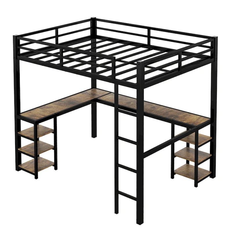 Metal Loft Bed with Desk and Shelves