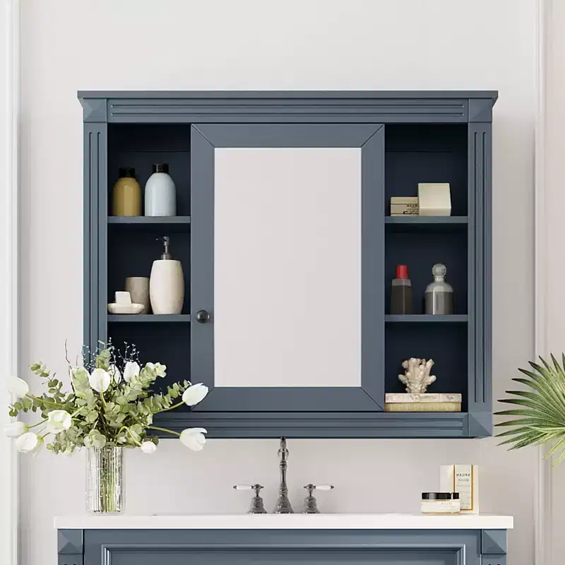 28.7 Wall Mounted Bathroom Mirror Cabinet with Concealed Storage 6 Open Shelves Medicine Cabinet Blue