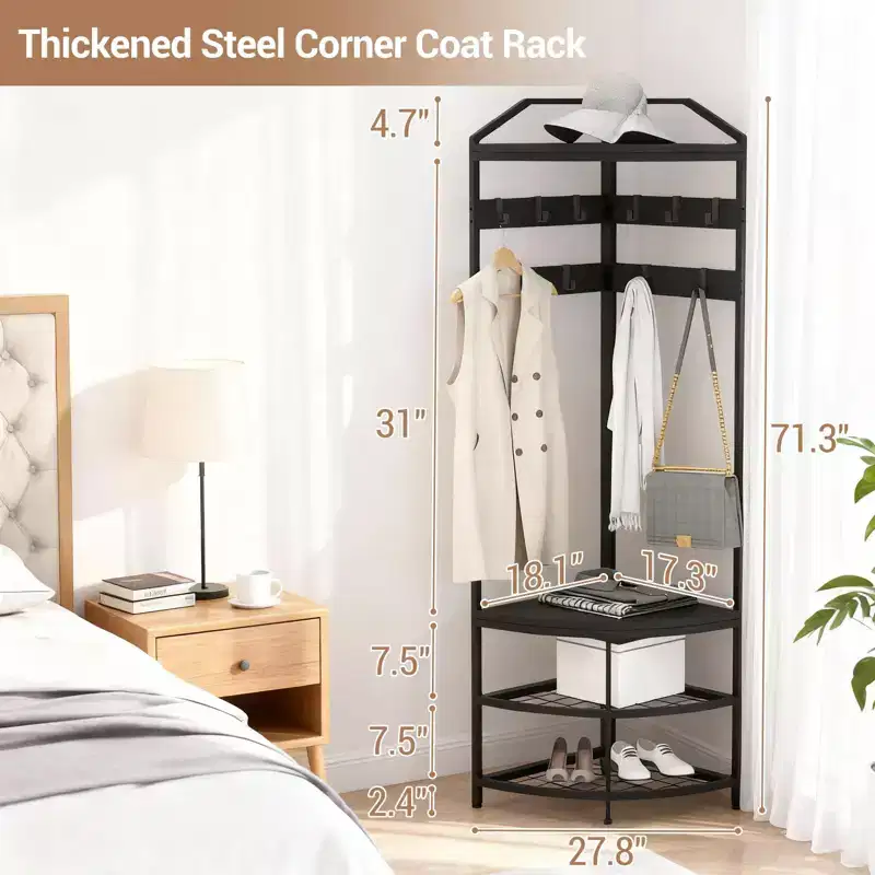 Corner Hall Tree with Shoe Rack, Entryway Coat Rack with Hooks, Freestanding Metal Clothes Rack with Storage Shelf for Home Bedroom Living Room
