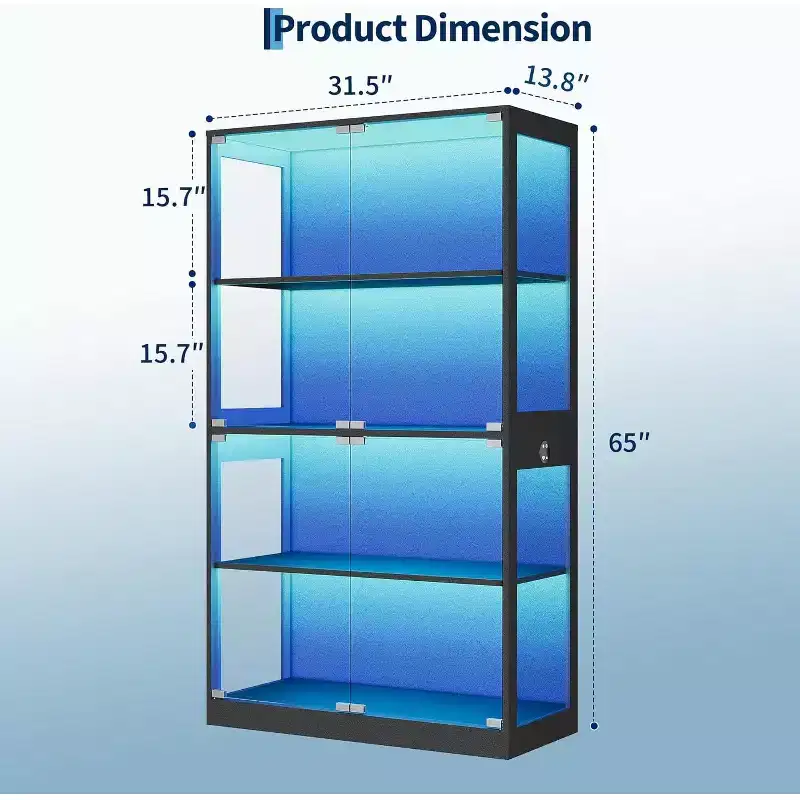 4-Tier Glass Display Cabinet with LED Lights, Curio Display Case with Charging Ports & Motion Sensor, Storage Shelves for Collectibles