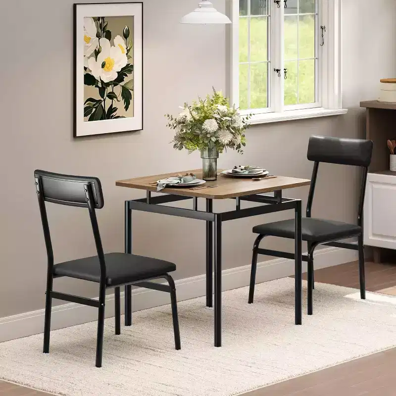 3-Piece Kitchen Table Set, for Two with PU Upholstered Chairs, Black & Brown