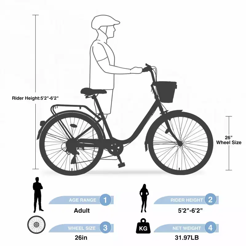 NAYSAYE Bicycle 7 Speed City Bike with Basket Steel Frame for Girls for Commuting and Leisure, Blue, 66.93*24.8*41.34