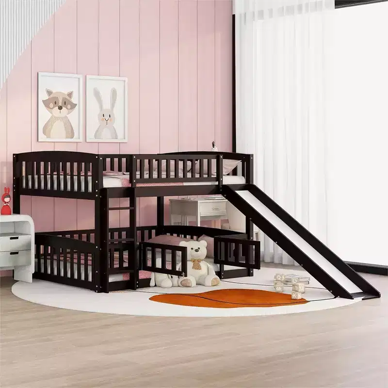 Bunk Bed with Slide,Full Over Full Low Bunk Bed with Fence and Ladder for Toddler Kids Teens White