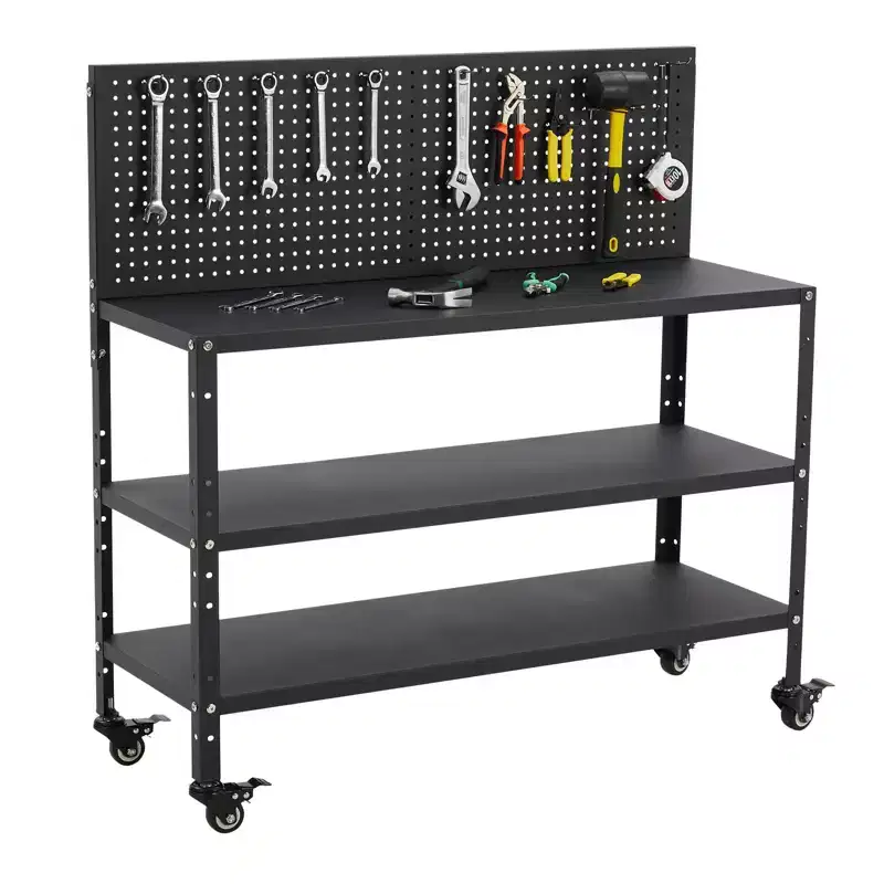 COZONY Workbench with Pegboard, Steel Frame Work Table w/ Storage Shelves for Garage & Workshop