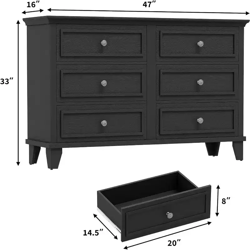 Farmhouse white storage cabinet with 6 drawers, dresser TV stand with vintage handles, wide wood for bedroom, living room, hallway