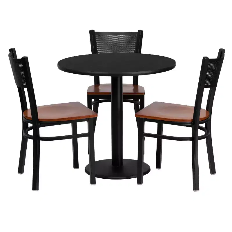 Emma and Oliver 30 Round Black Laminate Table Set, 3 Grid Back Metal Chairs