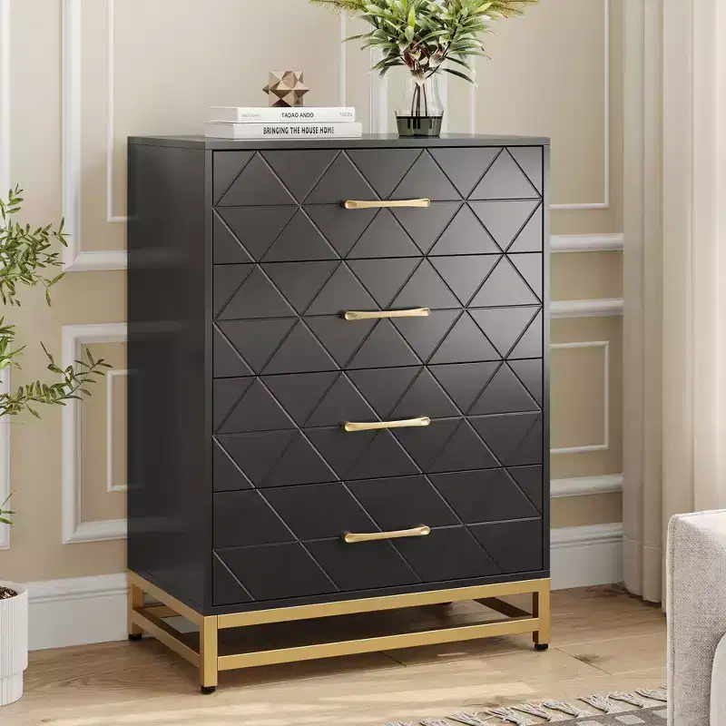 White Dresser for Bedroom, 4 Drawer Dresser with Golden Handles, Wooden Storage Cabinet for Living Room, Hallway, Nursery