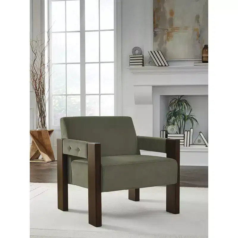 Accent Chair in Olive Green Velvet with Espresso Finish Wood Frame
