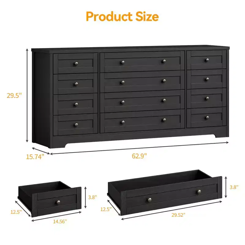 COZONY 12 Drawer Dresser, 63 Wide Wooden Chest of Drawers, Modern TV Stand Dresser for 65 Inch TV, Bedroom Living Room Entryway