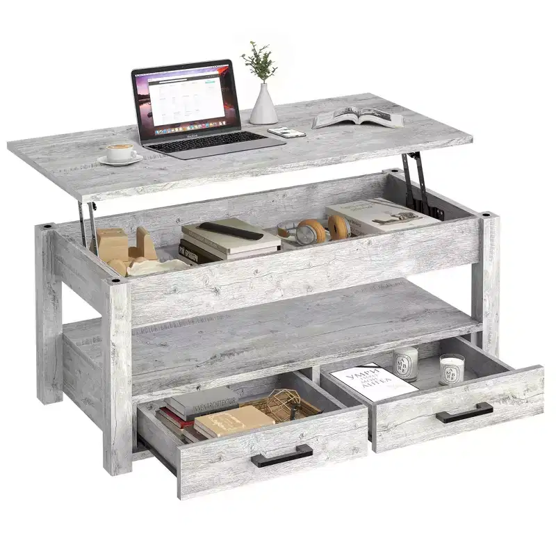 Gray / Yellow Lift-Top Coffee Table with 2 Drawers & Hidden Storage