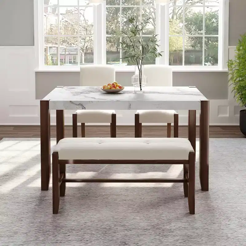 MAYEERTY 4-Piece Modern Dining Set, 46 Faux Marble Table, 2 Chairs & Bench