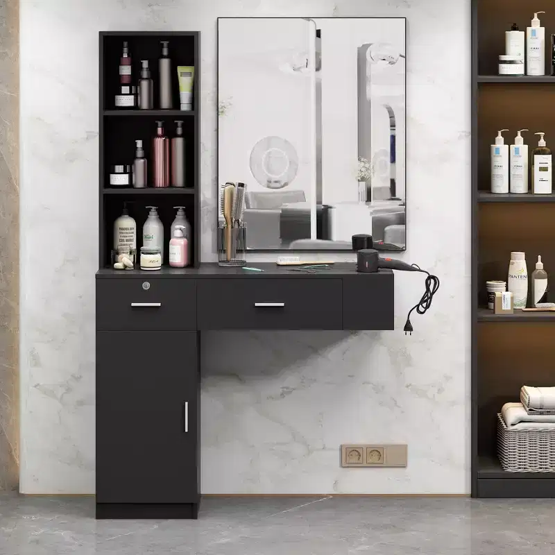 Wall Mount Salon Barber Station for Hair Stylist, Hair Dressing Station with Storage Cabinet, Black