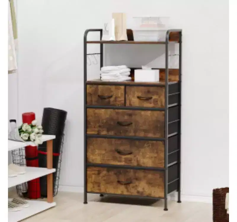 5-Drawer Fabric Dresser with Iron+MDF+PB Frame, Cationic Non-woven Fabric, Tiger Skin Pattern