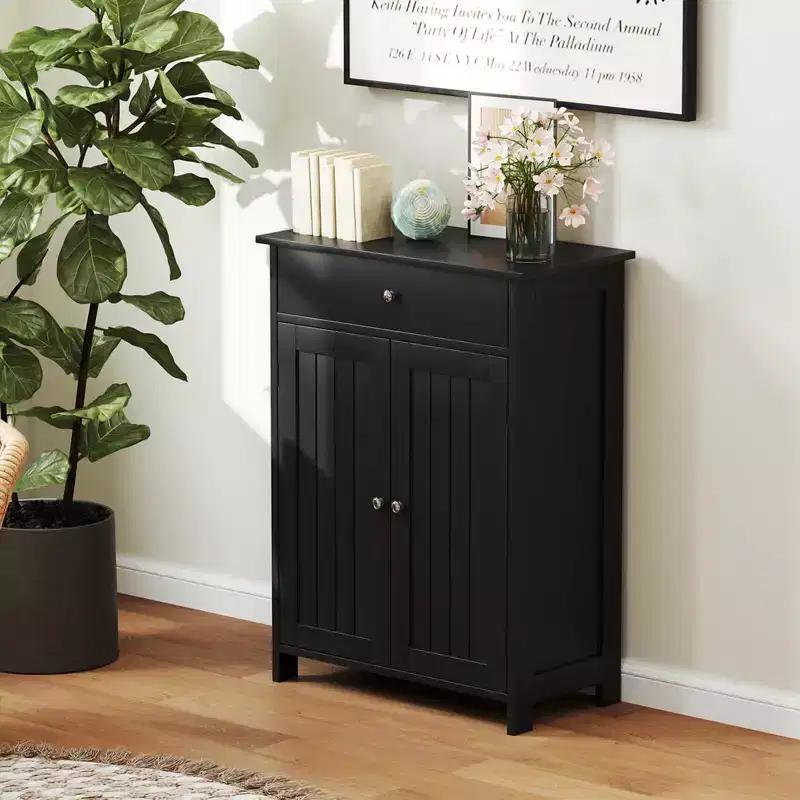 Costway Bathroom Floor Cabinet Freestanding Storage Organizer with 2 Doors Storage Cabinet Black/White
