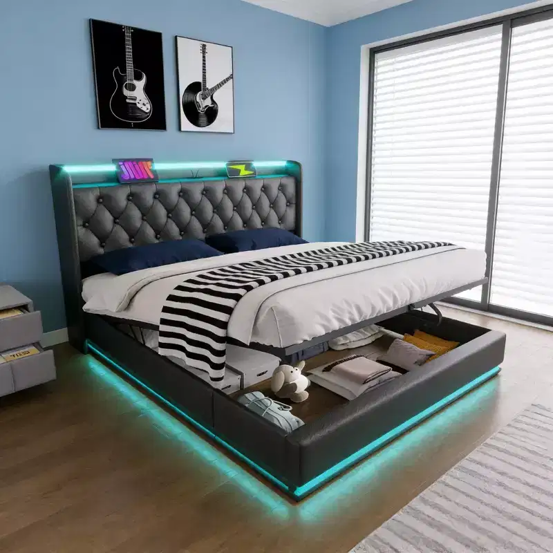 Luxystar Full Size Upholstered Bed With Hydraulic Storage, RGB Lights, USB and Type-C Ports