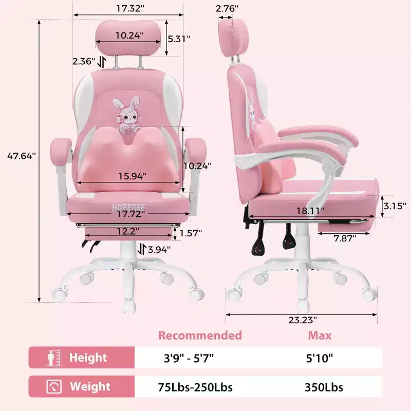 Kids Bunny Gaming Chair with Massage Pillow & Footrest, Adjustable & Ergonomic, Cute Kawaii Design for Ages 8-14
