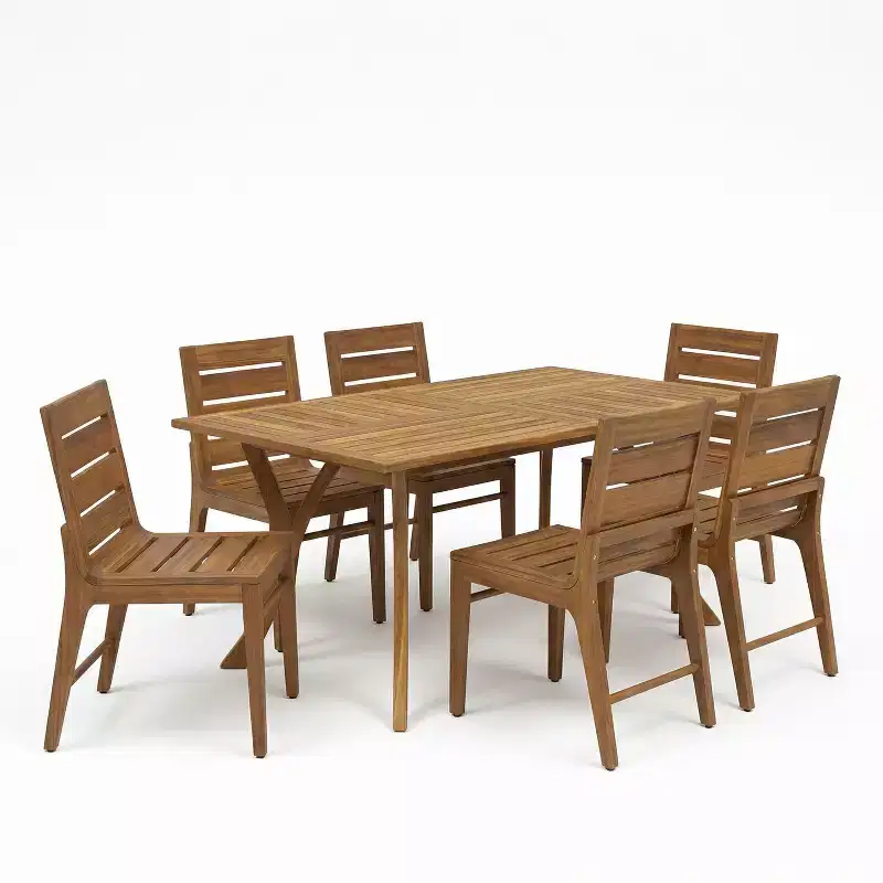 Christopher Knight Home Lorenzo Modern 7 Piece Acacia Wood Dining Set with Slatted Design and Curved Legs
