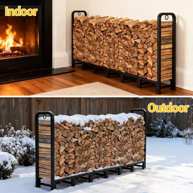 8FT Outdoor Firewood Rack, Metal Wood Storage Log Holder, Adjustable Log Storage Rack for Fireplace Patio Balcony Garden, Holds Up to 660 LBS