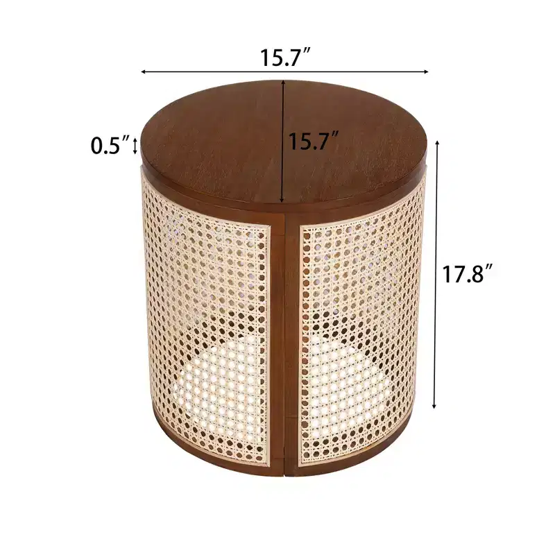 15.70-inch Round Accent Table, Openwork Weave Rubberwood Nightstand, Rattan Coffee Table, Dark Brown