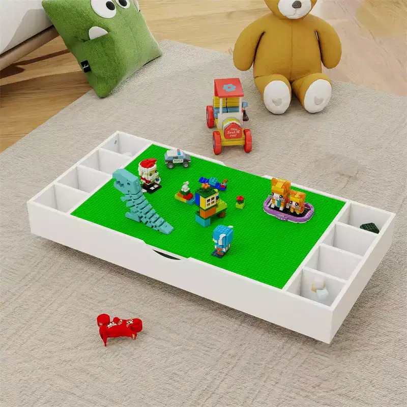Kid Table, 2 in 1 Rollaway Play Table and Toy Organizer Compatible with Lego, for Storing Under Bed or Sofa, Game Furniture