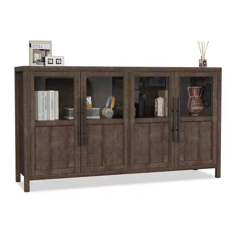 55 Large Farmhouse Sideboard Buffet Cabinet, Wooden Kitchen Storage Cabinet with Glass Doors, Coffee Bar Buffet Table for Dining Room Living Room