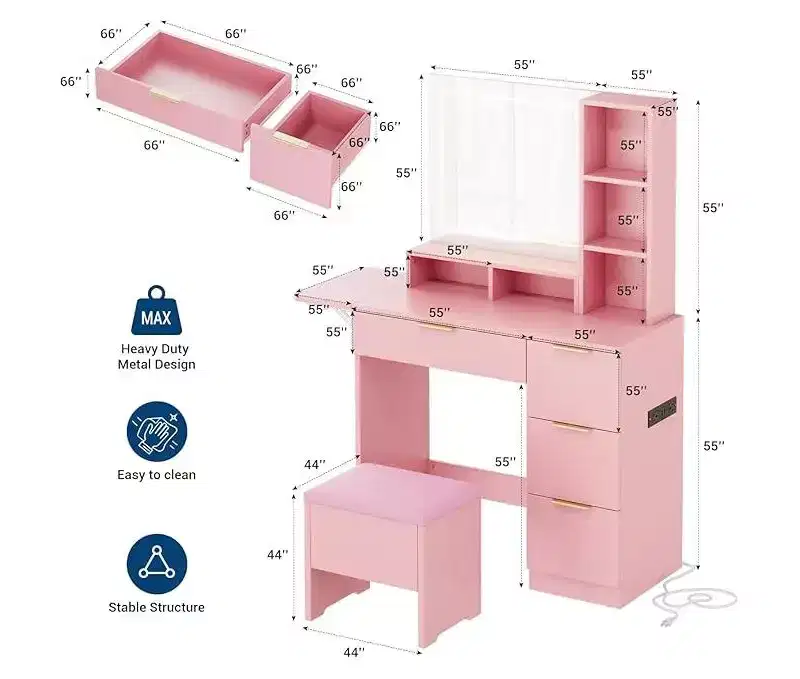 Makeup Vanity Set, Vanity Desk with Mirror , Makeup Table with Storage Stool, Drawers, Open Shelves, Wooden Dressing Table for Bedroom, Pink