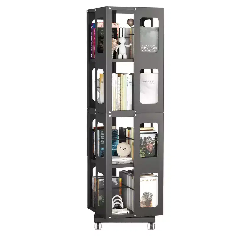 All-Steel Rotating Bookshelf with 360Wheels, Storage Shelves with 4 Tiers, Storage Organizer for Living Room, Hallway, Office