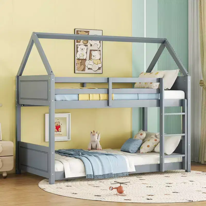 MAYEERTY Twin Rubber Wood Floor BUnk Bed with Ladder, Guardrails, House Shaped Bunk Bed Blue