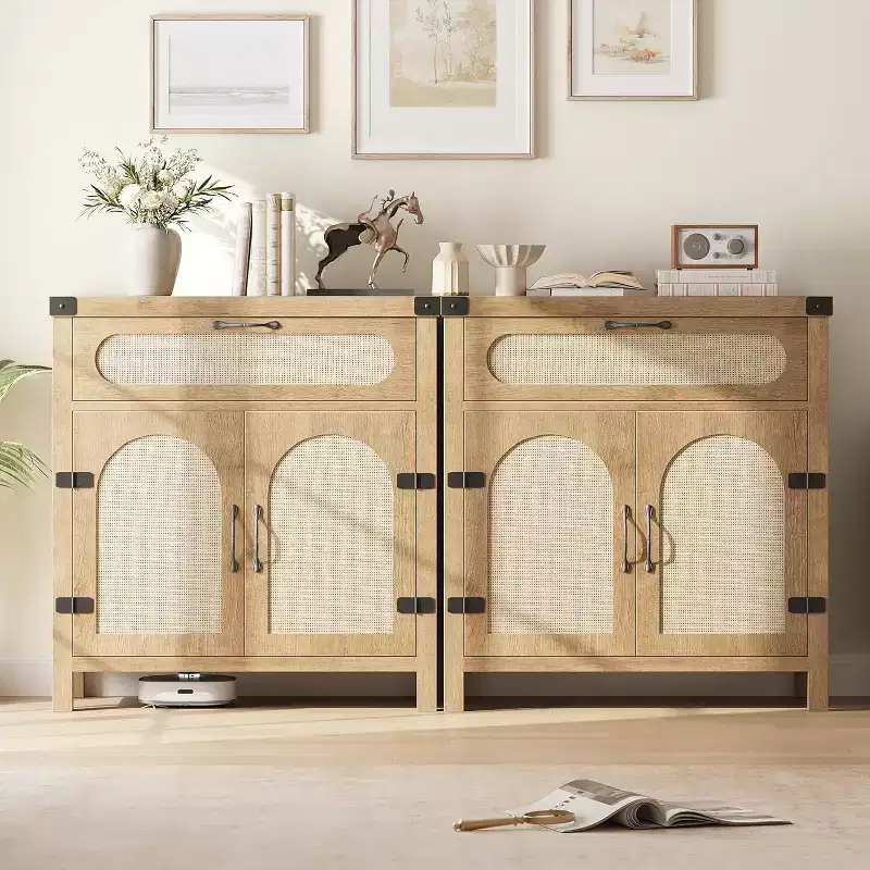 Rattan Sideboard with Drawer, Natural Wood Buffet Cabinet with Rattan-Accent Doors & Adjustable Shelves, Storage Accent Cabinet for Living Room
