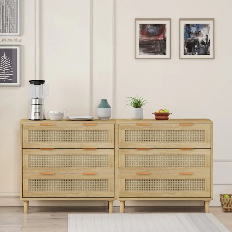 6-Drawer Oak Dresser with Rattan Drawers