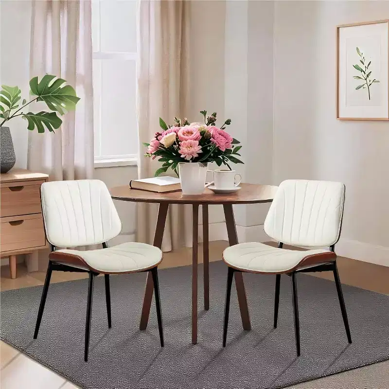 Mid-Century Modern Dining Chairs Set of 2 with PU Leather Upholstery  Walnut Bentwood Back & Adjustable Feet